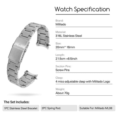 Stainless Steel Watch Band Fit for Militado  ML08