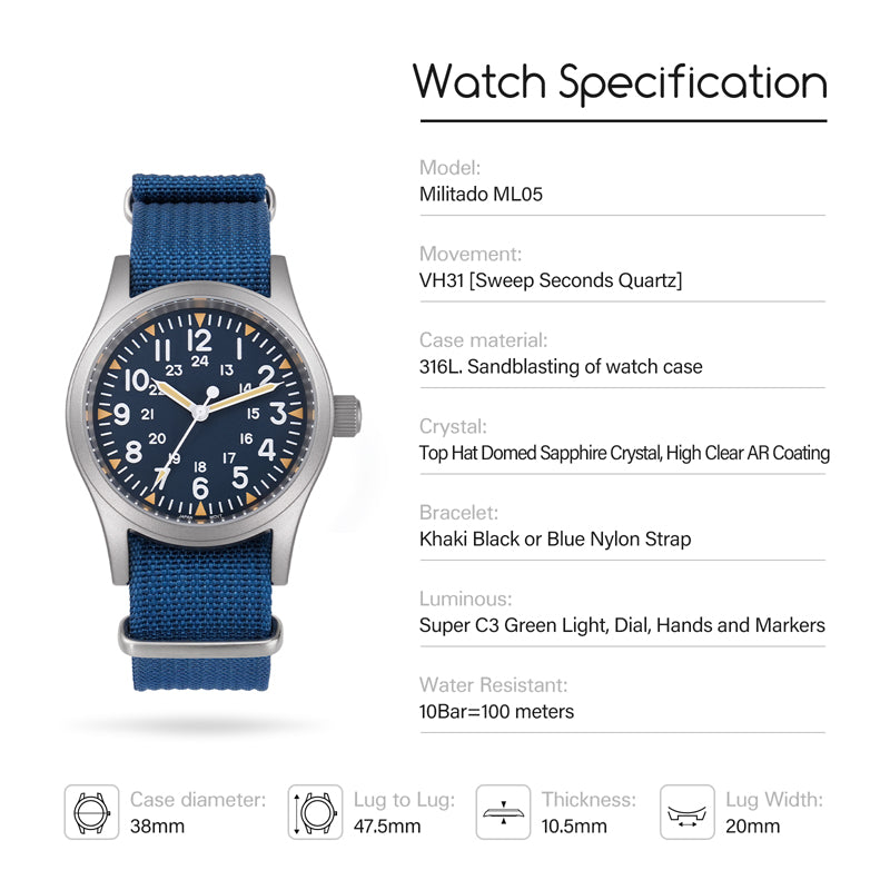 Militado ML05 VH31 Vintage Military Watch  Blue Dial